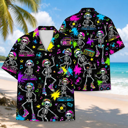 Black Hawaiian shirt with neon DJ skeletons, records, boomboxes and music notes on the front