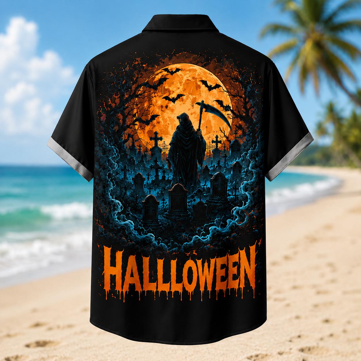 Front and back views of a grim reaper Halloween shirt with orange pumpkin artwork
