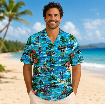 Man wearing a colorful tropical Hawaiian shirt with an ocean island and palm tree character print