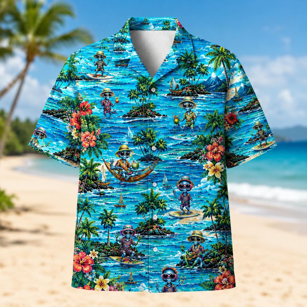 Front view of a vivid Hawaiian shirt featuring turquoise waves, tropical islands, palm trees, and playful characters