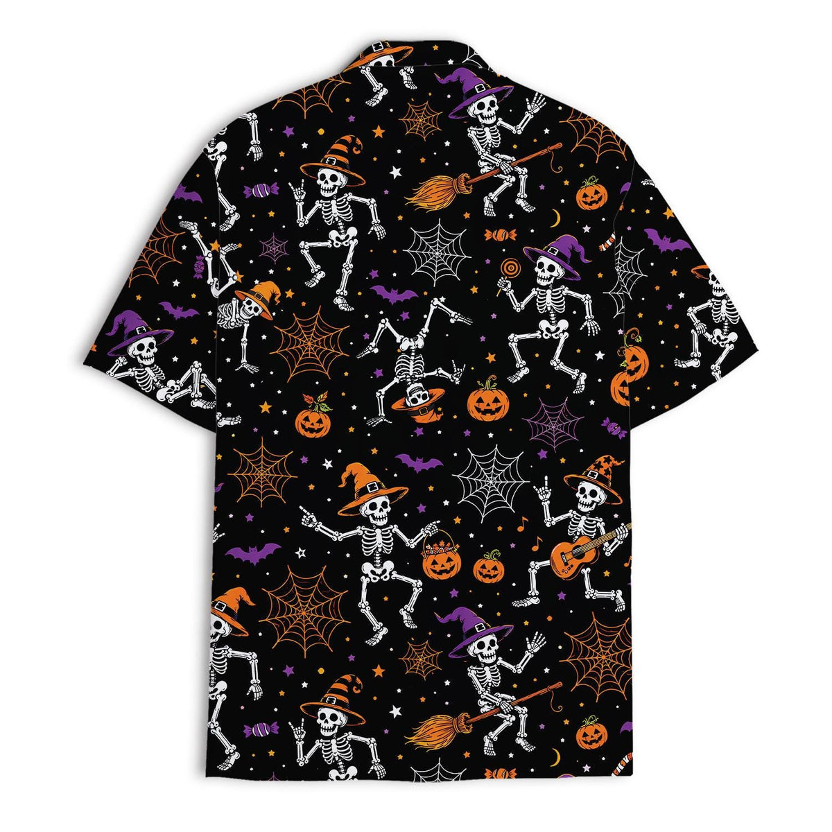Back view of an all-over Halloween shirt featuring skeletons, pumpkins, bats and spiderwebs