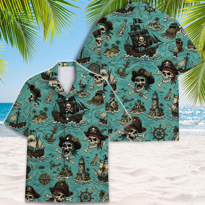 Turquoise pirate Hawaiian shirt displayed with skulls, ships, treasure maps, and tropical islands
