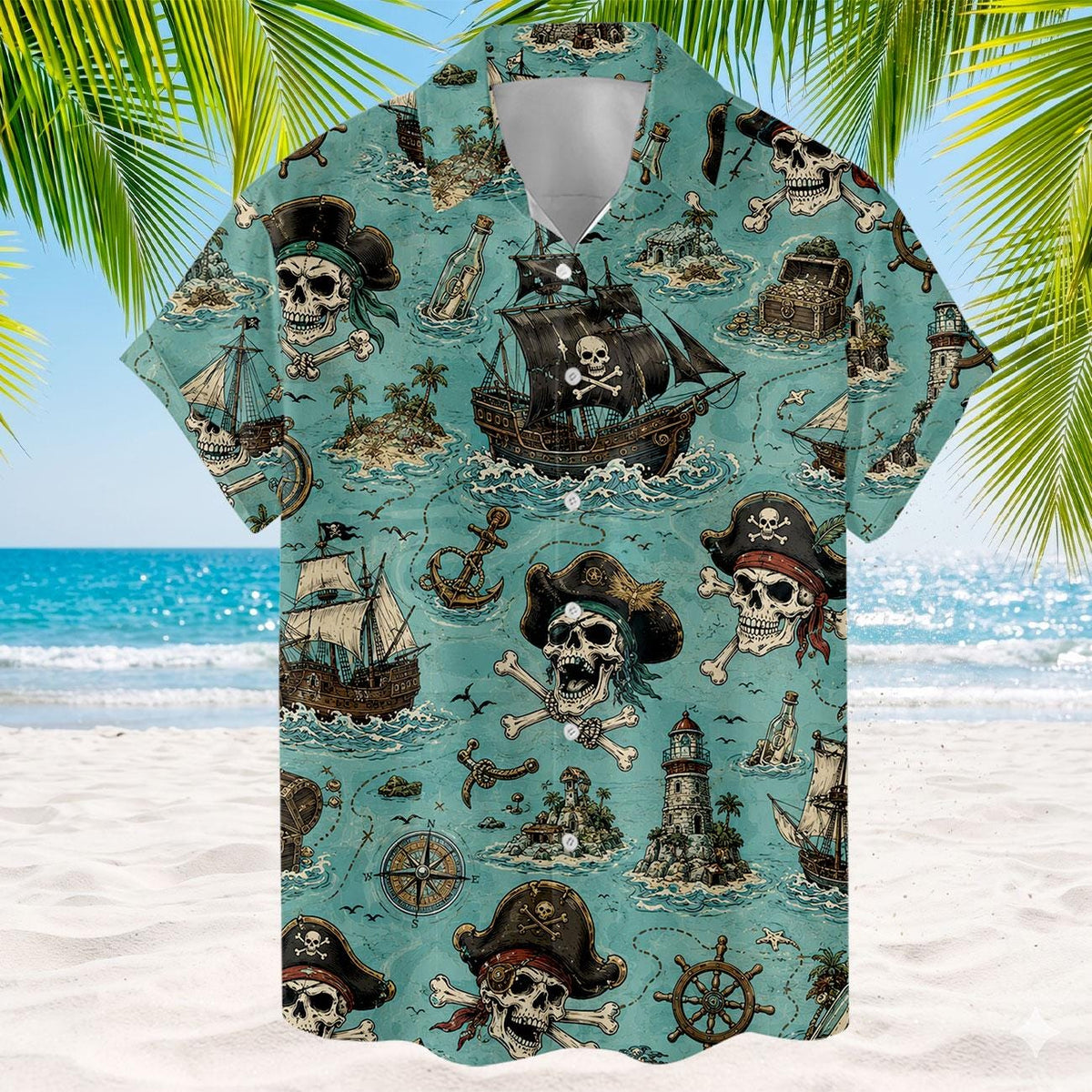 Button-front pirate Hawaiian shirt with turquoise nautical skull and ship print