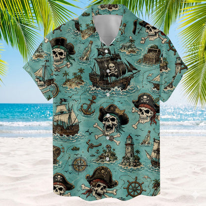 Button-front pirate Hawaiian shirt with turquoise nautical skull and ship print