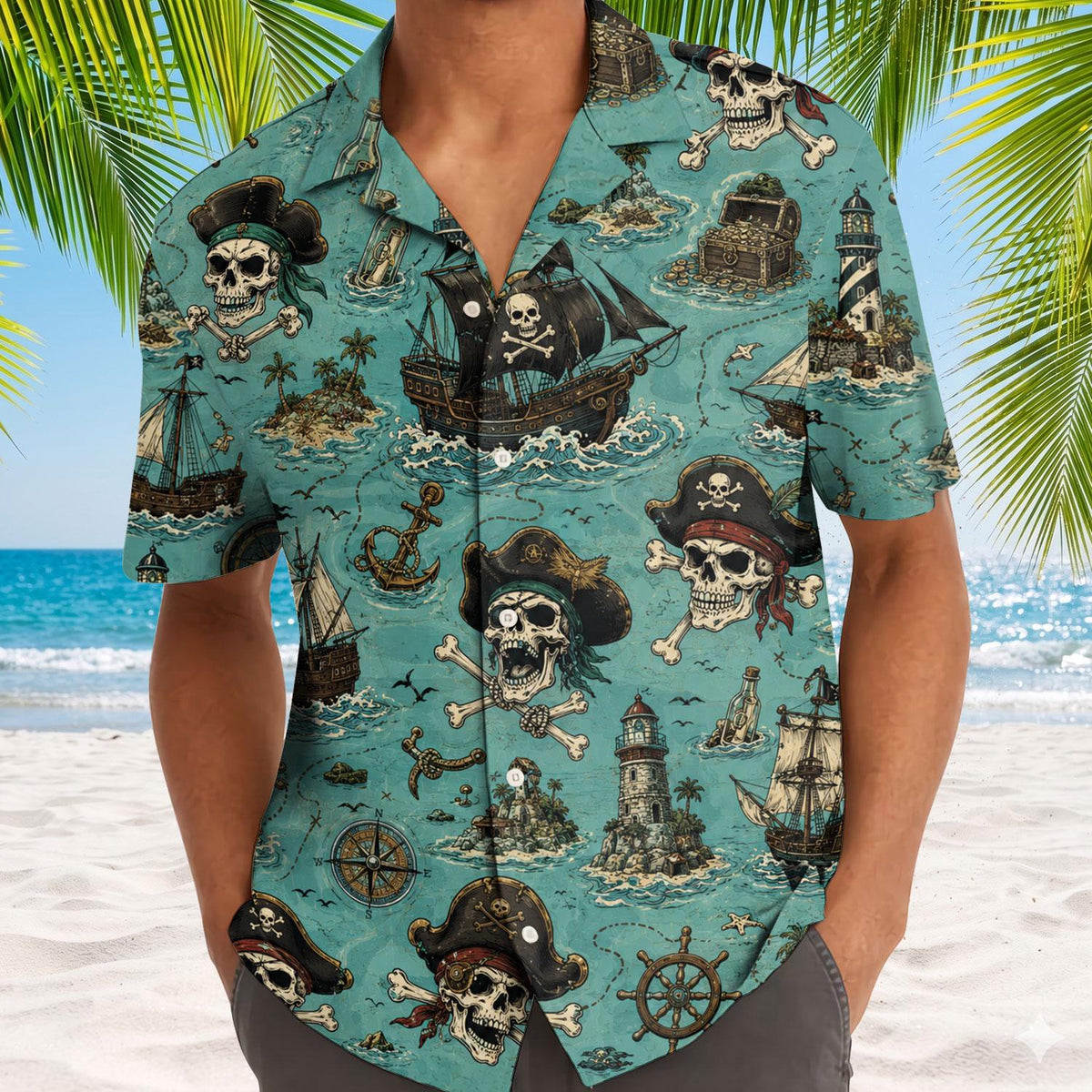 Model wearing a turquoise pirate Hawaiian shirt with skulls, ships, and lighthouses