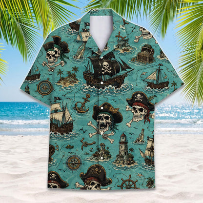 Front view of turquoise short sleeve Hawaiian shirt with pirate ships and skulls