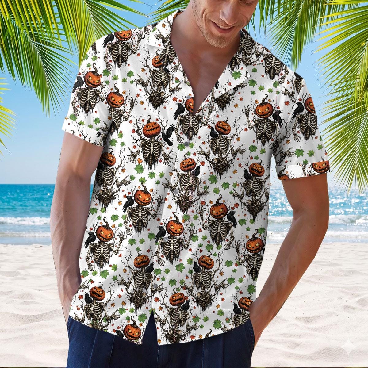 Lifestyle view of Halloween Hawaiian shirt styled with casual pants