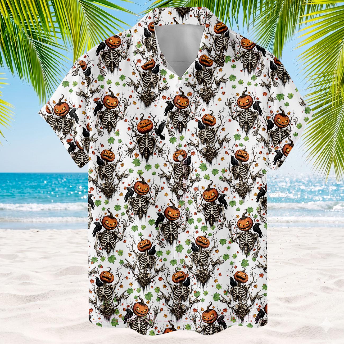 Collared Halloween shirt with spooky pumpkin and skeleton all-over design