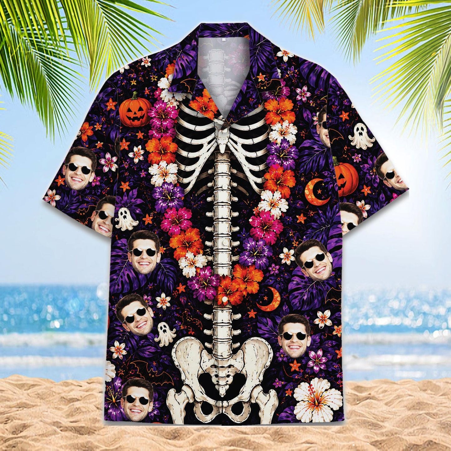 Front view of colorful skeleton ribcage Hawaiian shirt with purple flowers