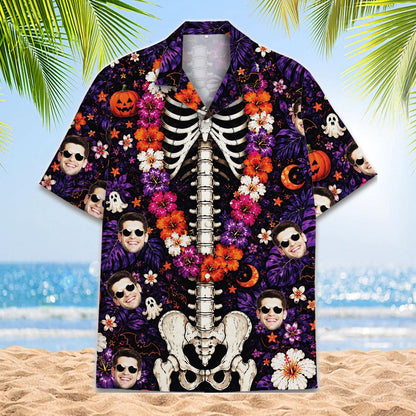 Front view of colorful skeleton ribcage Hawaiian shirt with purple flowers