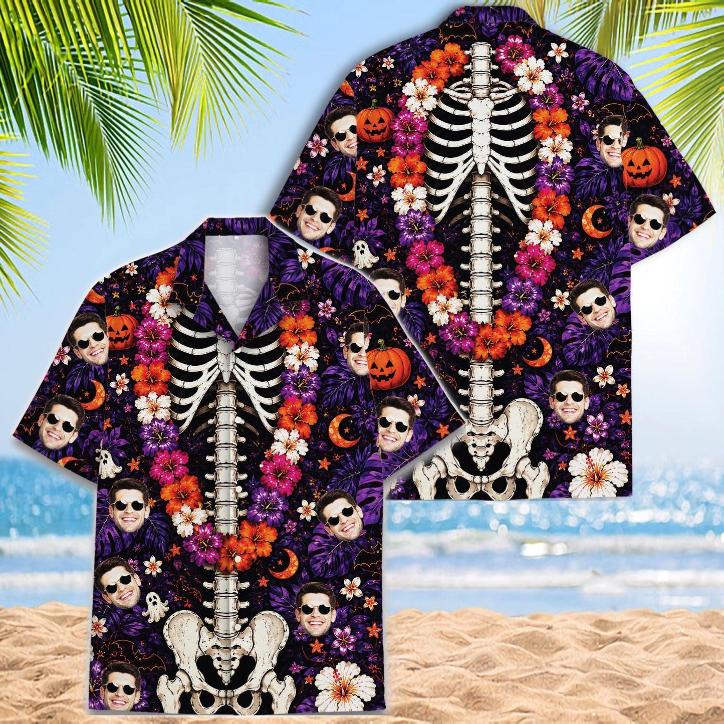 Two views of a skeleton and floral Halloween Hawaiian shirt with pumpkin motifs