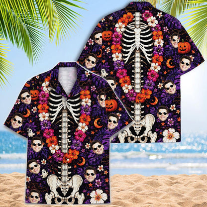 Two views of a skeleton and floral Halloween Hawaiian shirt with pumpkin motifs