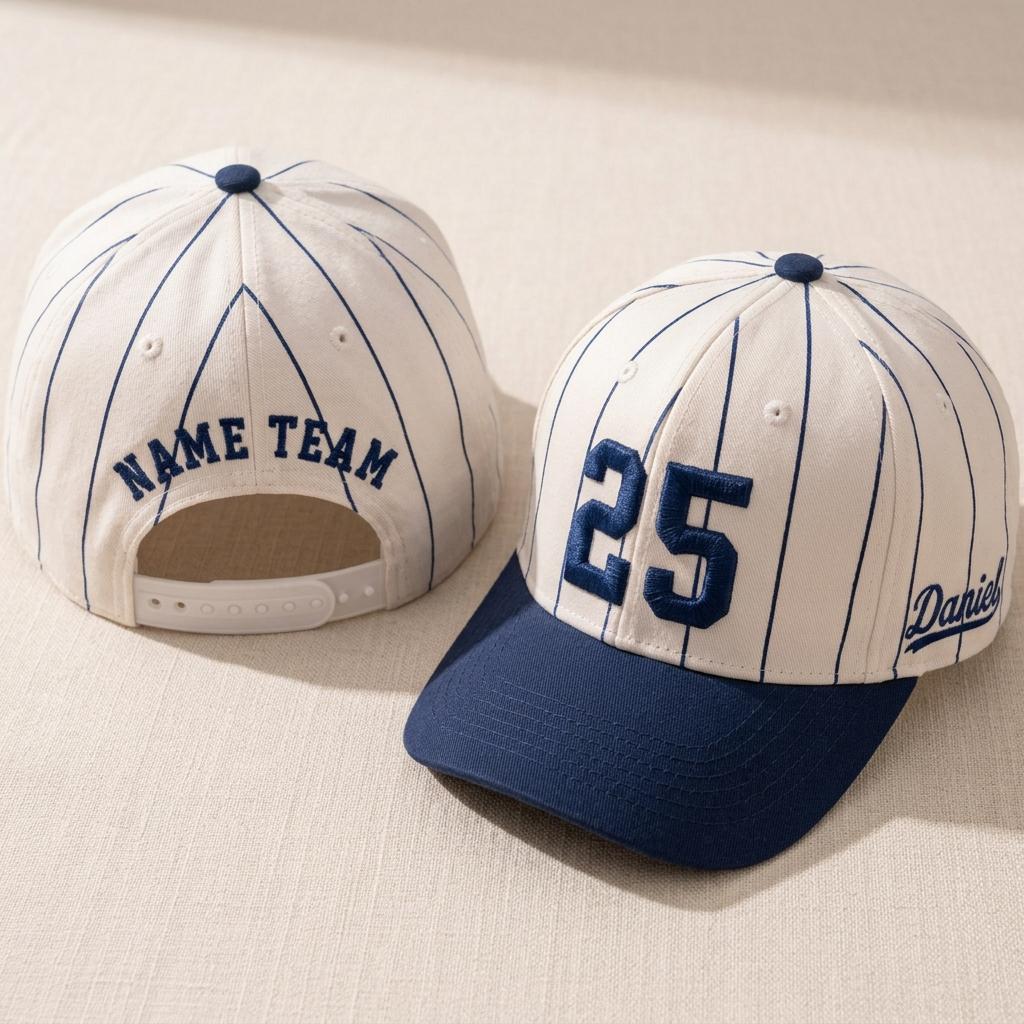 Cream and navy pinstripe baseball hat shown from the front and back with embroidered 25 and NAME TEAM details