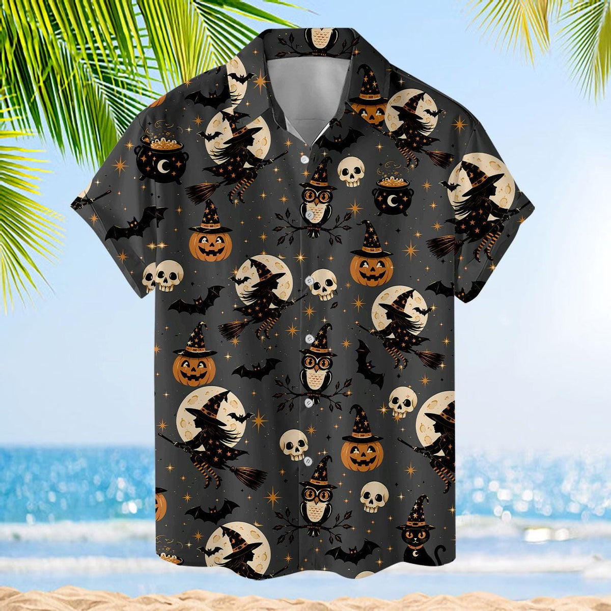 Halloween Hawaiian shirt displayed against a tropical beach background