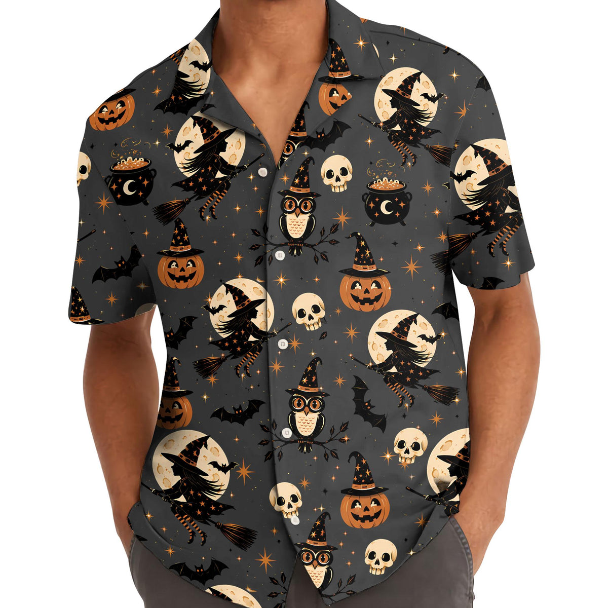 Person wearing a spooky Halloween Hawaiian shirt with a collared button-front design