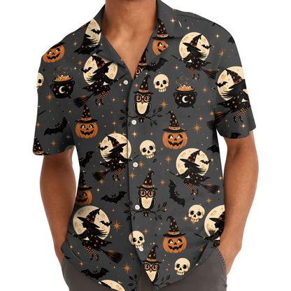 Person wearing a spooky Halloween Hawaiian shirt with a collared button-front design