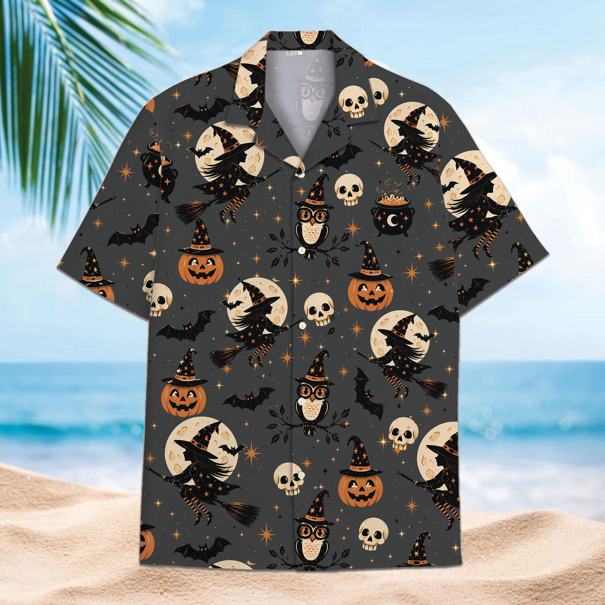 Charcoal Halloween Hawaiian shirt with witches, pumpkins, bats, skulls, and owls