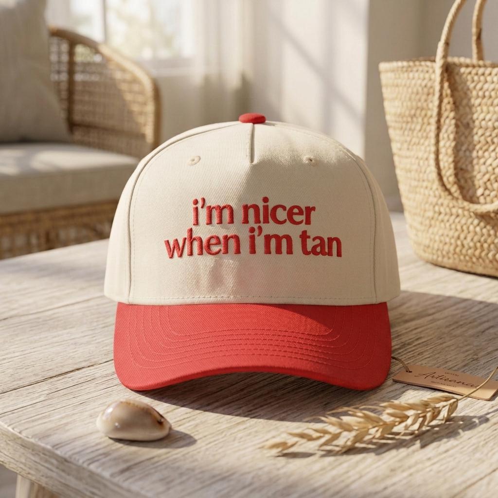 Red and cream embroidered two-tone trucker hat with the same slogan