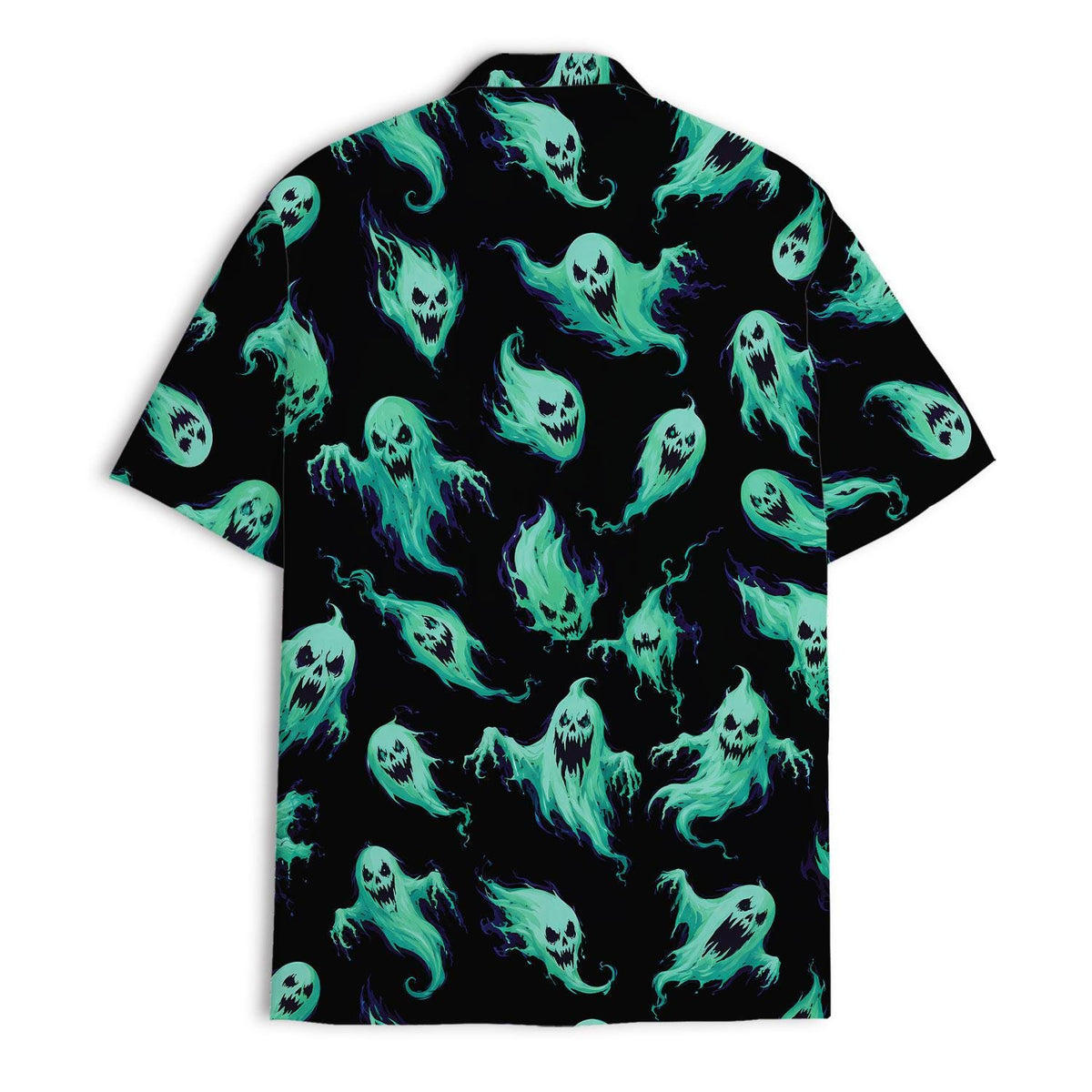 Flat front view of a black button-up shirt with colorful spooky ghost motifs