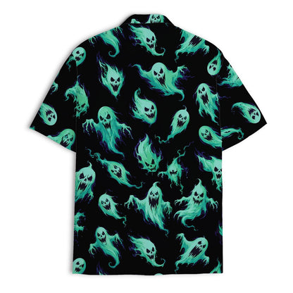 Flat front view of a black button-up shirt with colorful spooky ghost motifs