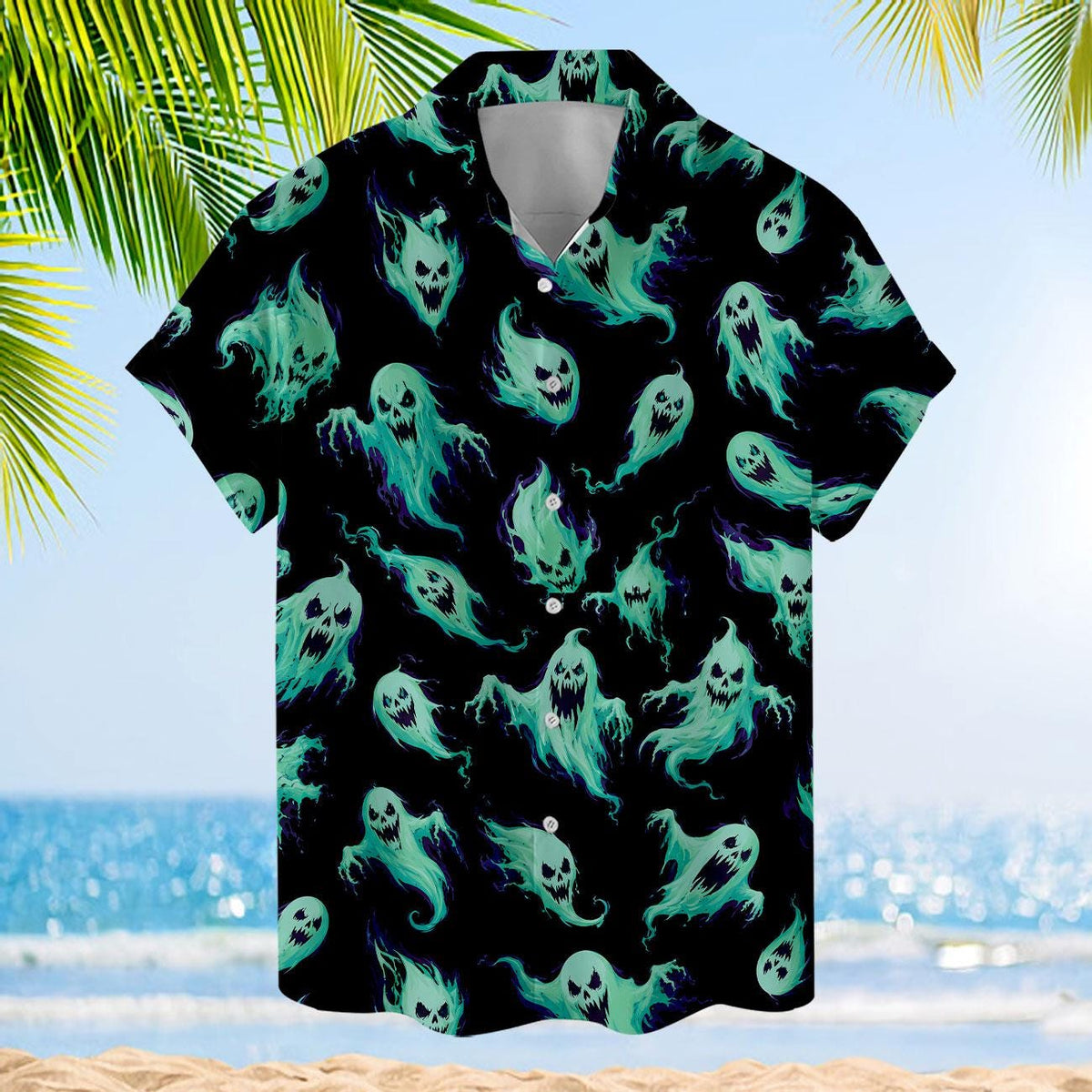 Back view of a black short sleeve Hawaiian shirt covered in teal and mint ghosts
