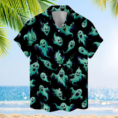 Back view of a black short sleeve Hawaiian shirt covered in teal and mint ghosts