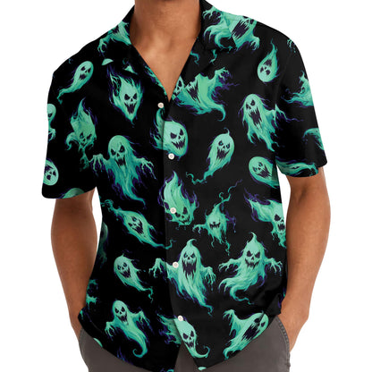 Model wearing a black ghost pattern Hawaiian shirt with hands in pockets