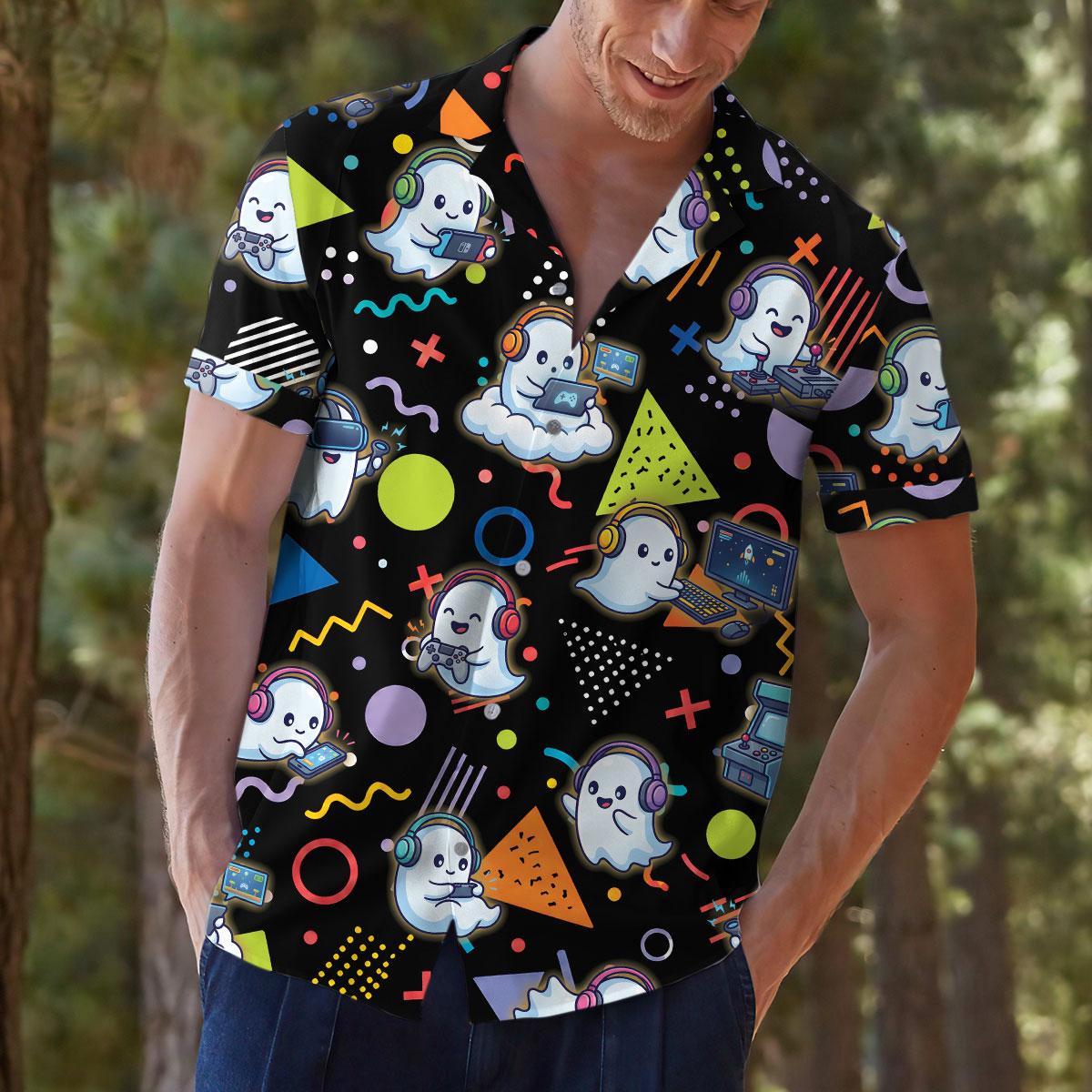 Model wearing the ghost gamer Hawaiian shirt in an outdoor casual setting