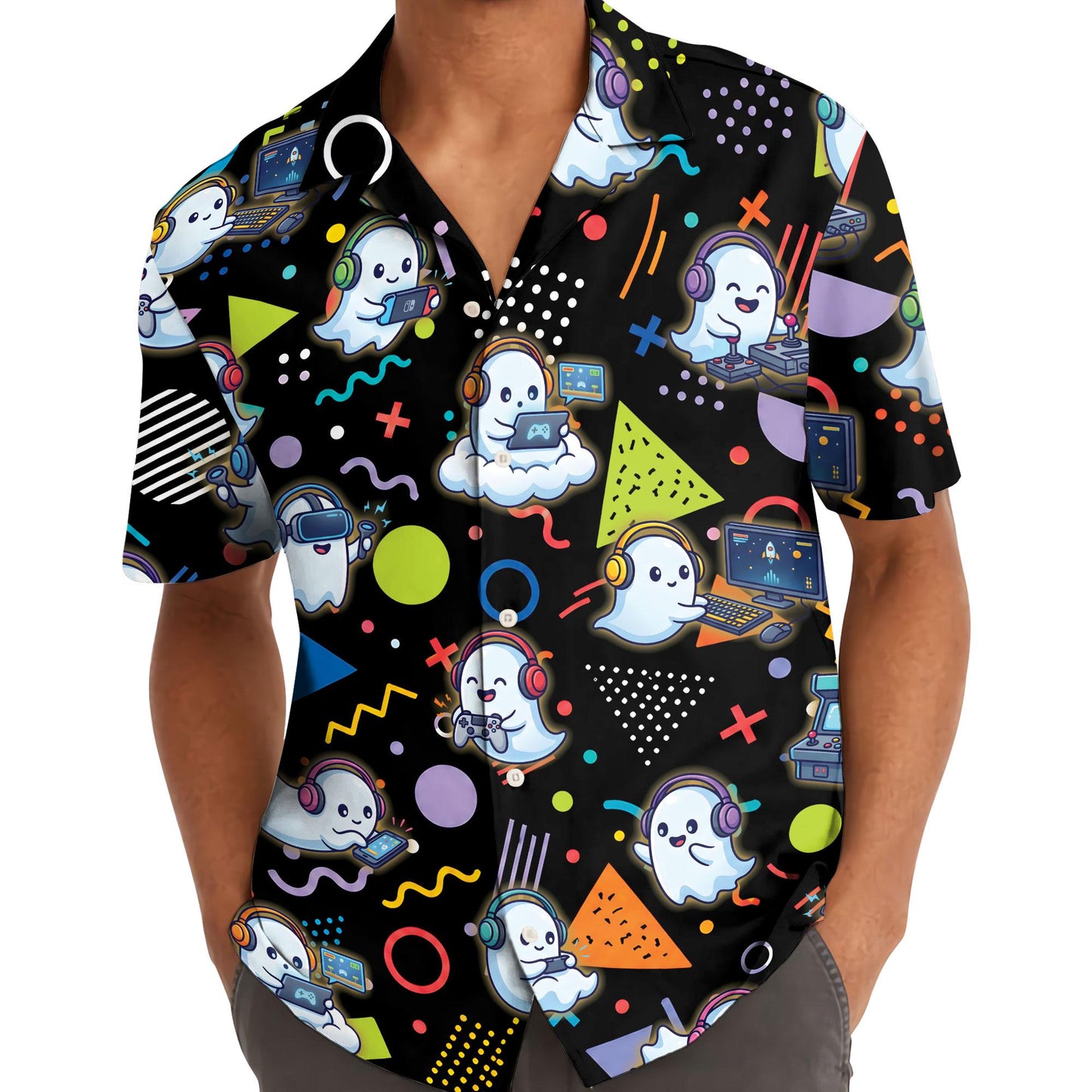 Model wearing a black Hawaiian shirt covered in ghost gamers and colorful graphics