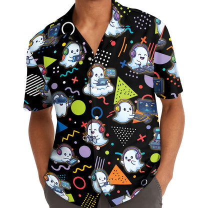 Model wearing a black Hawaiian shirt covered in ghost gamers and colorful graphics