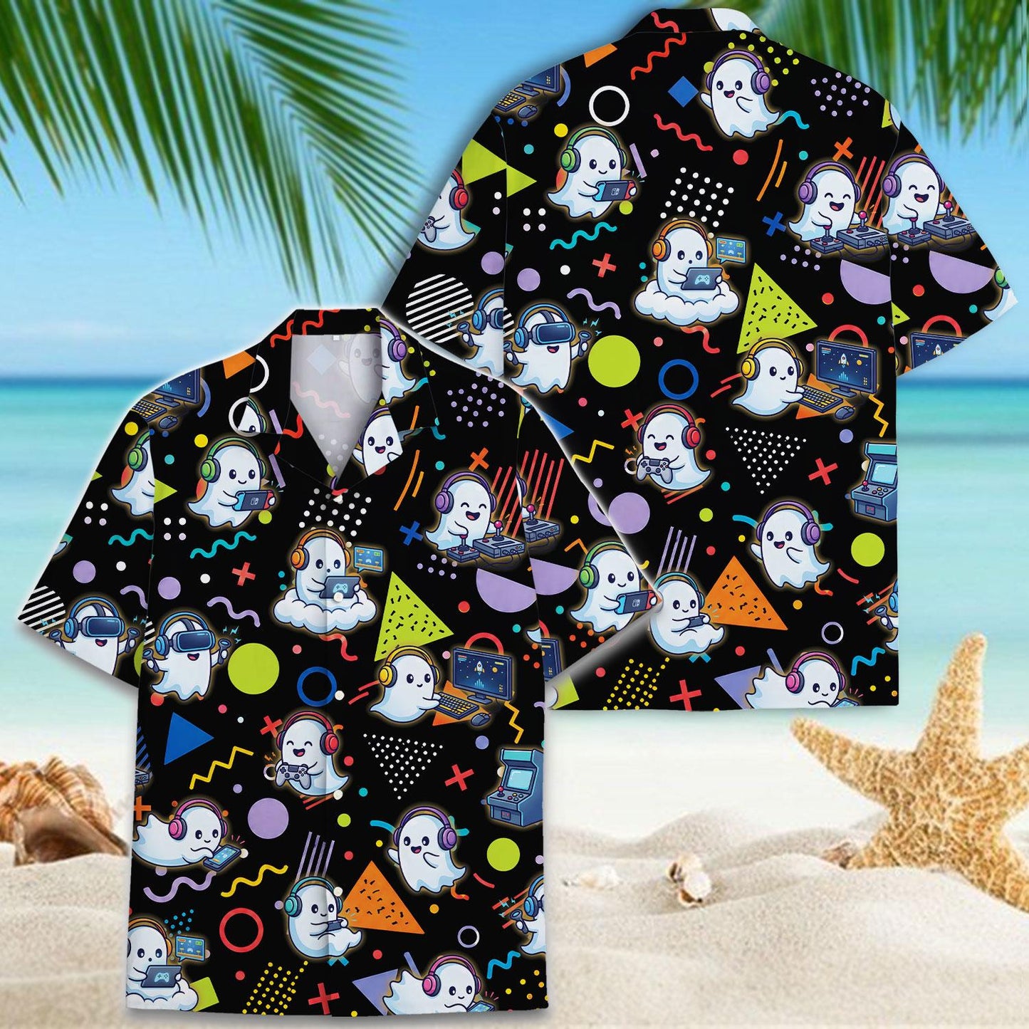 Black Hawaiian shirt with an allover ghost gamer print and colorful geometric accents