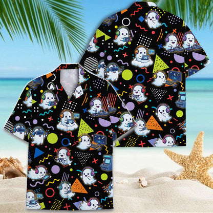 Black Hawaiian shirt with an allover ghost gamer print and colorful geometric accents