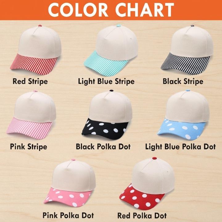 Hat color chart showing striped and polka dot bill options