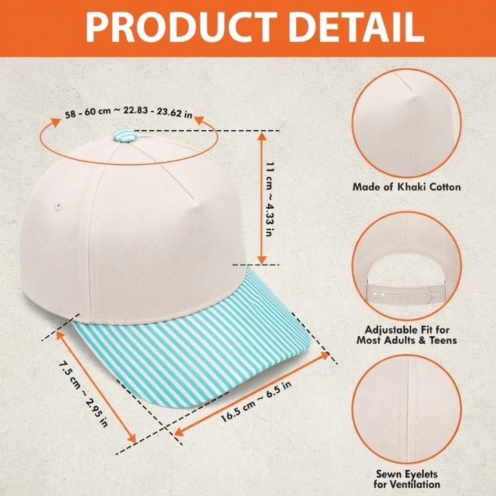 Product detail graphic showing cream cap measurements, adjustable back, cotton material, and ventilation eyelets