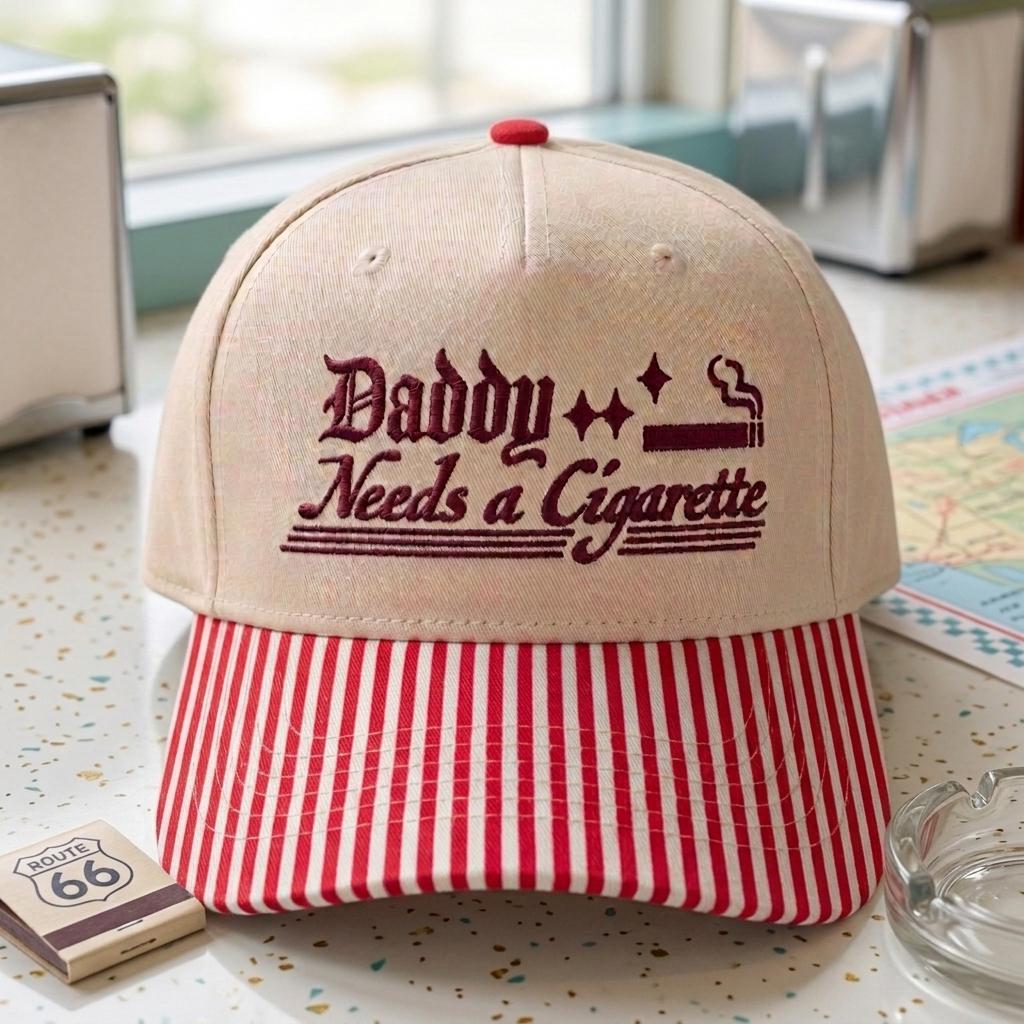 Khaki embroidered Daddy Needs a Cigarette hat with red striped bill