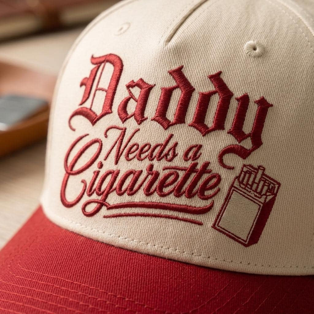 Close-up of red lettering and cigarette pack embroidery on the hat