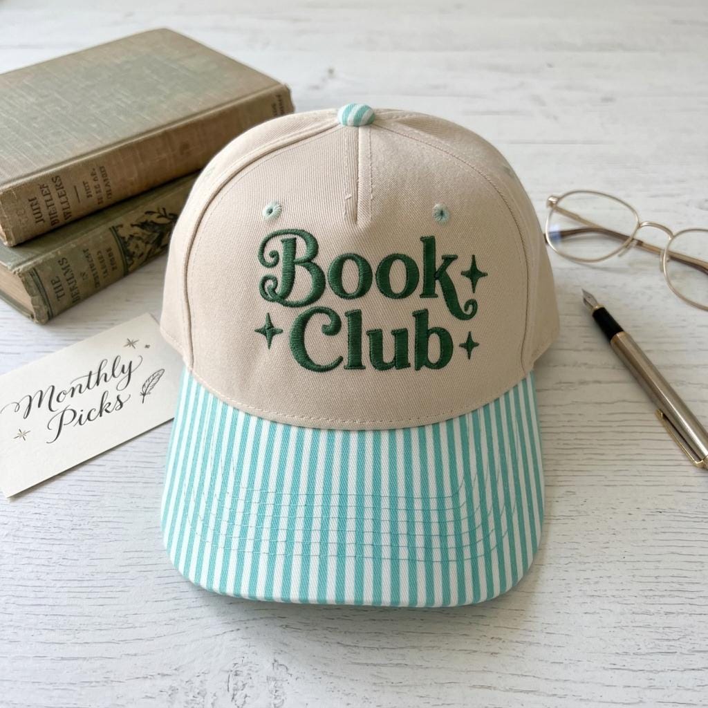 Khaki Book Club embroidered hat with green lettering and aqua striped brim