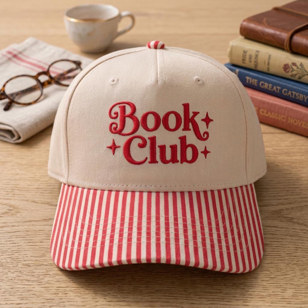 Khaki Book Club embroidered hat with red striped brim and star accents