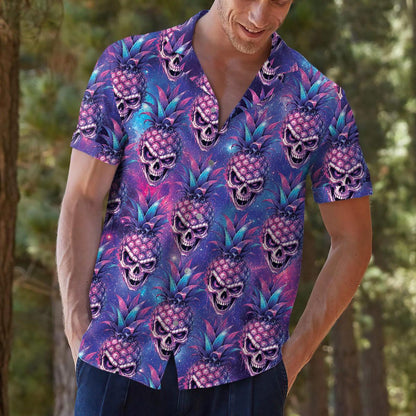Person wearing a purple pineapple skull Hawaiian shirt in a casual outdoor setting