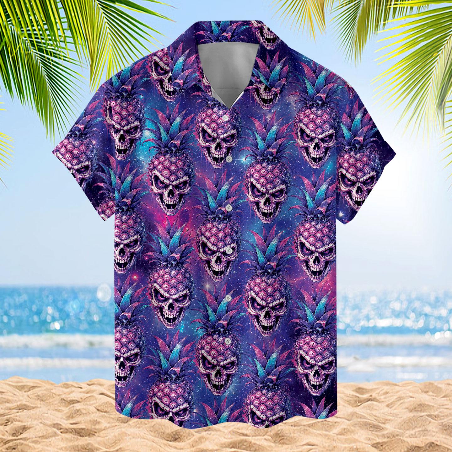 Colorful pineapple skull Hawaiian shirt displayed against a tropical beach background