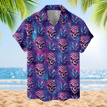 Colorful pineapple skull Hawaiian shirt displayed against a tropical beach background