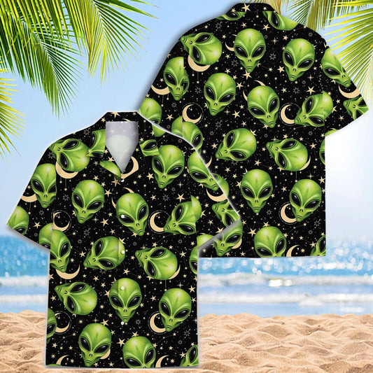 Front and back view of a black alien Hawaiian shirt with green faces, stars, and crescent moons
