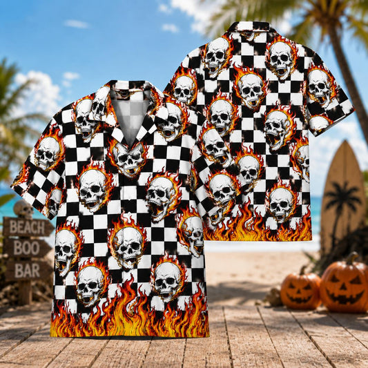 Front view of a skull and flame Hawaiian shirt with black and white checkerboard print