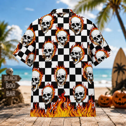 Back view of skull flame Hawaiian shirt with checkerboard pattern and flame hem