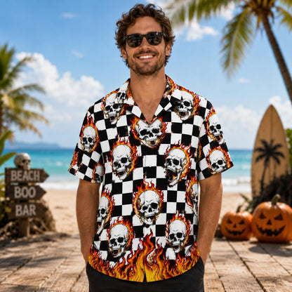 Model wearing a skull flame checkerboard Hawaiian shirt at the beach