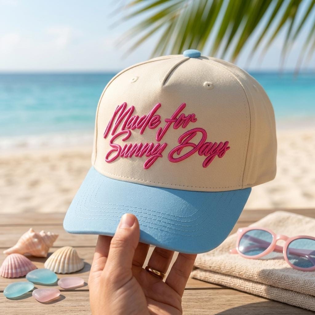 Cream embroidered hat with blue brim and Made for Sunny Days script at the beach