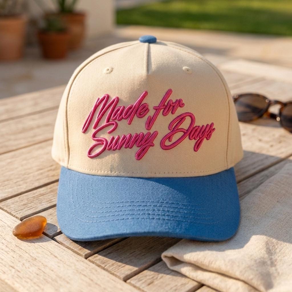 Front view of cream embroidered summer hat with blue curved brim