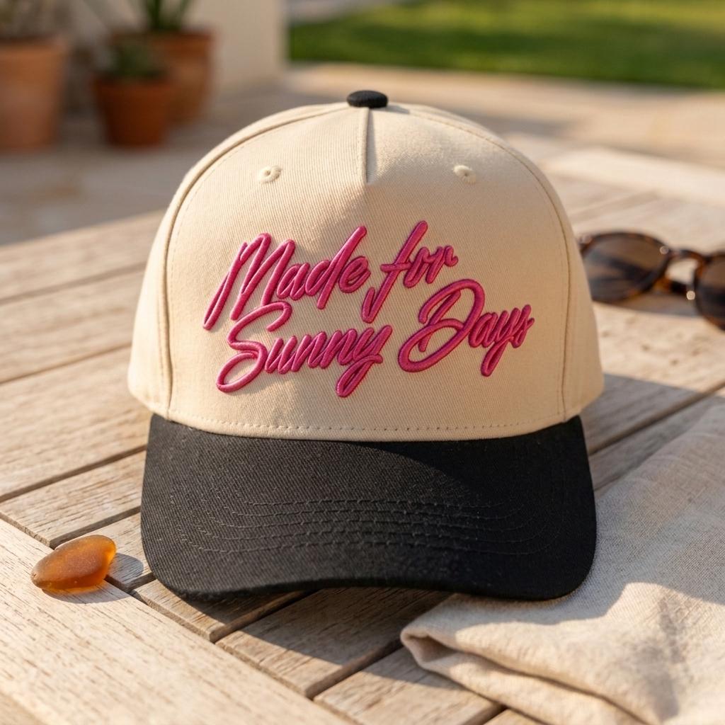 Cream Made for Sunny Days embroidered hat with black brim