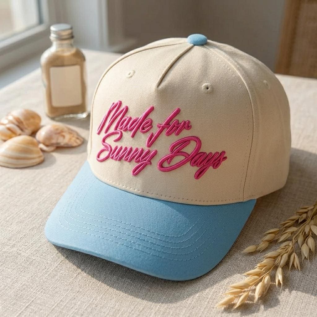 Cream summer hat with blue brim and raised Made for Sunny Days embroidery indoors