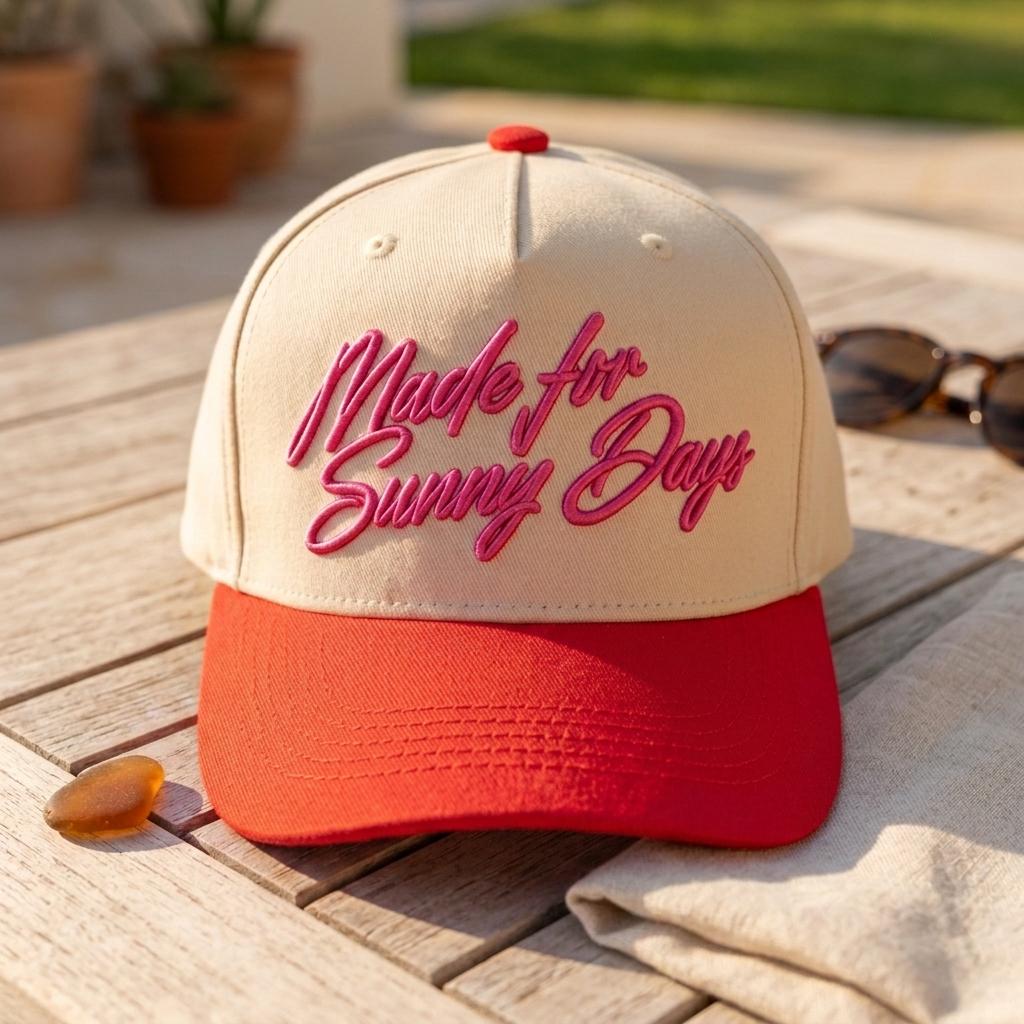 Cream embroidered hat with bright red brim and Made for Sunny Days script